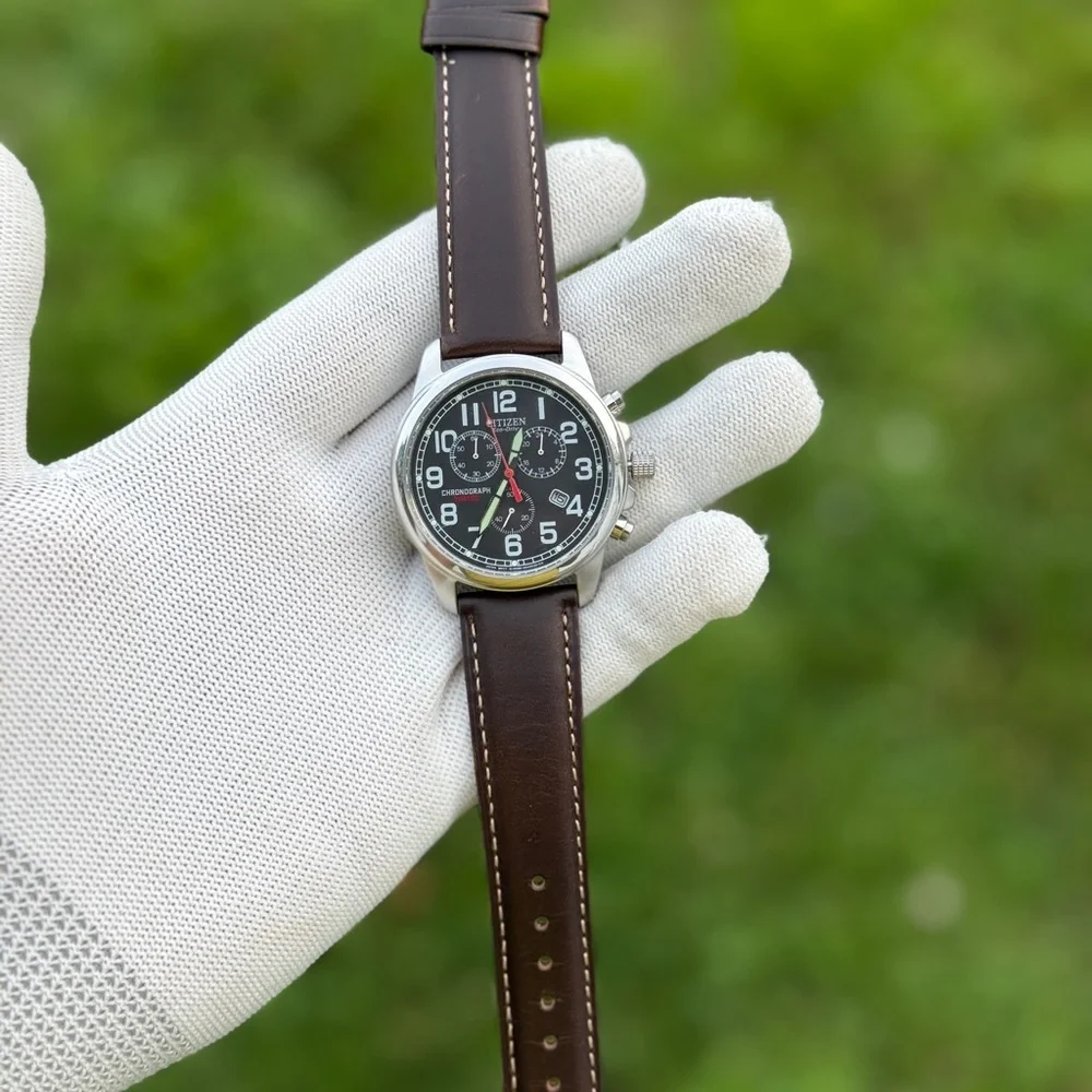 Citizen eco drive Chronograph with Black Dial and Brown Strap - Picture 7 of 9